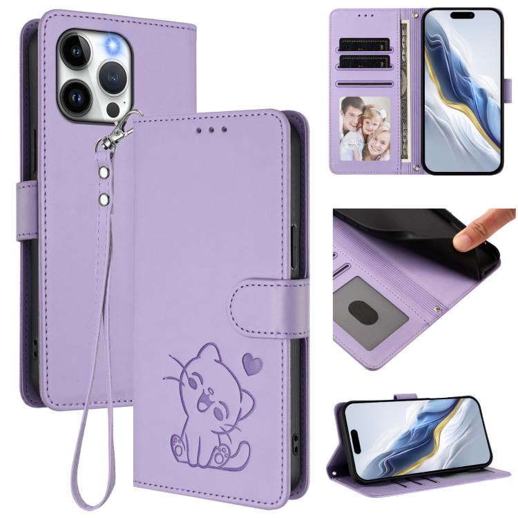غطاء هاتف من الجلد بنقش قلب وقطة مع حزام يد، لهواتف iPhone 14 Pro Max، iPhone 7 / 8 / SE 2022، iPhone 13 Pro Max، iPhone 13 Pro