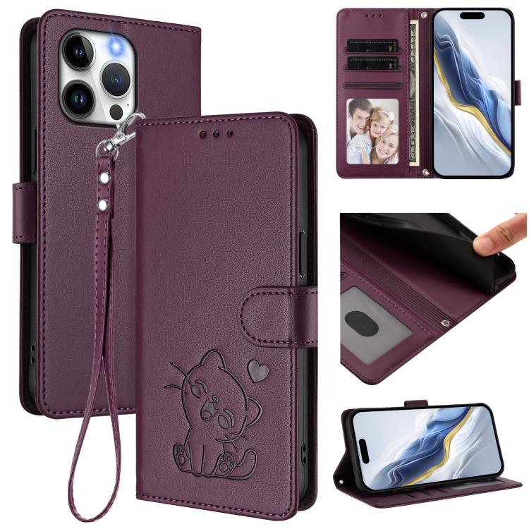 غطاء هاتف من الجلد بنقش قلب وقطة مع حزام يد، لهواتف iPhone 14 Pro Max، iPhone 7 / 8 / SE 2022، iPhone 13 Pro Max، iPhone 13 Pro