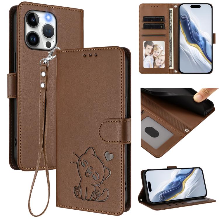 غطاء هاتف من الجلد بنقش قلب وقطة مع حزام يد، لهواتف iPhone 14 Pro Max، iPhone 7 / 8 / SE 2022، iPhone 13 Pro Max، iPhone 13 Pro