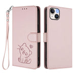 Embossed Heart Cat Leather Phone Case with Hand Strap, For iPhone 13 mini, For iPhone 12 / 12 Pro, For iPhone 12 Pro Max, For iPhone 12 mini