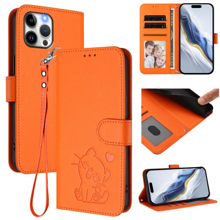 Embossed Heart Cat Leather Phone Case with Hand Strap, For iPhone 13 mini, For iPhone 12 / 12 Pro, For iPhone 12 Pro Max, For iPhone 12 mini