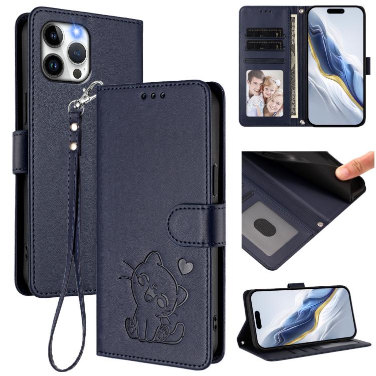 Embossed Heart Cat Leather Phone Case with Hand Strap, For iPhone 13 mini, For iPhone 12 / 12 Pro, For iPhone 12 Pro Max, For iPhone 12 mini