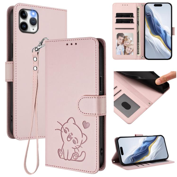 غطاء هاتف جلدي بنقش قلب وقطة مع حزام يد، لهواتف iPhone 11 Pro Max، iPhone 11، iPhone 11 Pro، iPhone X / XS