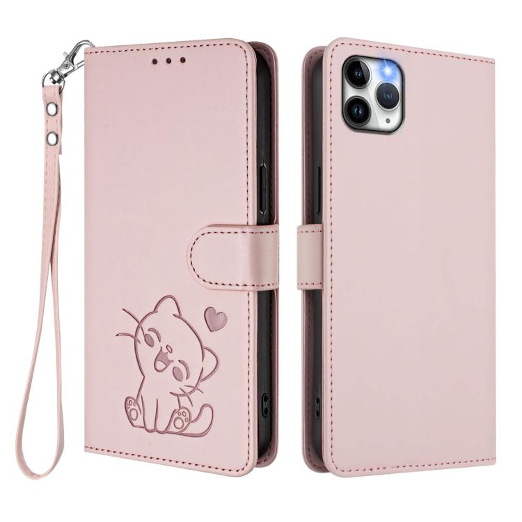 غطاء هاتف جلدي بنقش قلب وقطة مع حزام يد، لهواتف iPhone 11 Pro Max، iPhone 11، iPhone 11 Pro، iPhone X / XS