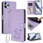 غطاء هاتف جلدي بنقش قلب وقطة مع حزام يد، لهواتف iPhone 11 Pro Max، iPhone 11، iPhone 11 Pro، iPhone X / XS