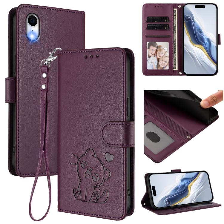 Embossed Heart Cat Leather Phone Case with Hand Strap, For iPhone XR, For iPhone XS Max, For iPhone 7 Plus / 8 Plus