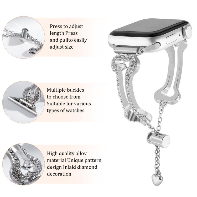 Diamantbesetztes Metallarmband in Knochenkettenform, passend für Apple Watch 46 mm / 49 mm / 45 mm / 44 mm und 42 mm / 41 mm / 40 mm / 38 mm