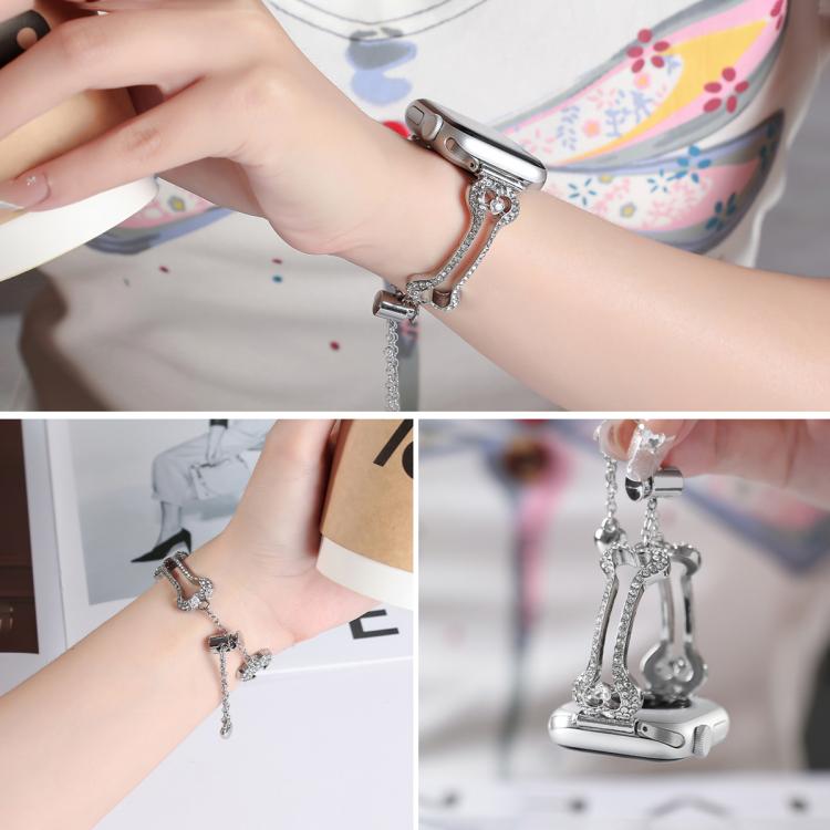 Diamantbesetztes Metallarmband in Knochenkettenform, passend für Apple Watch 46 mm / 49 mm / 45 mm / 44 mm und 42 mm / 41 mm / 40 mm / 38 mm