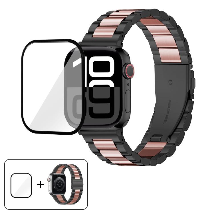 Three Beads Stainless Steel Watch Band with 3D Curved Film, For Apple Watch Series 10 46mm, For Apple Watch Series 10 42mm, For Apple Watch Series 44mm, For Apple Watch Series 40mm