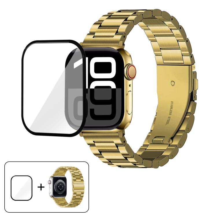 Three Beads Stainless Steel Watch Band with 3D Curved Film, For Apple Watch Series 10 46mm, For Apple Watch Series 10 42mm, For Apple Watch Series 44mm, For Apple Watch Series 40mm