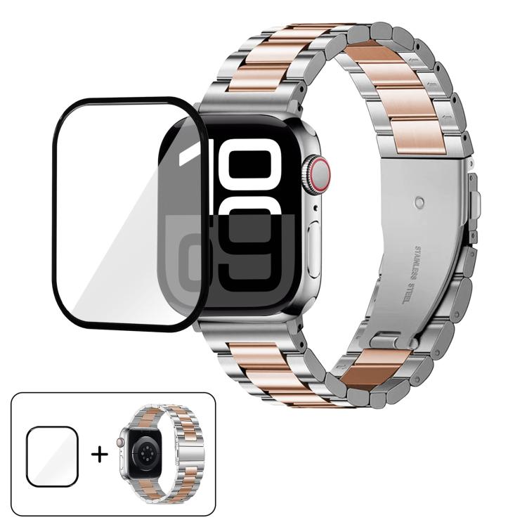 Three Beads Stainless Steel Watch Band with 3D Curved Film, For Apple Watch Series 10 46mm, For Apple Watch Series 10 42mm, For Apple Watch Series 44mm, For Apple Watch Series 40mm