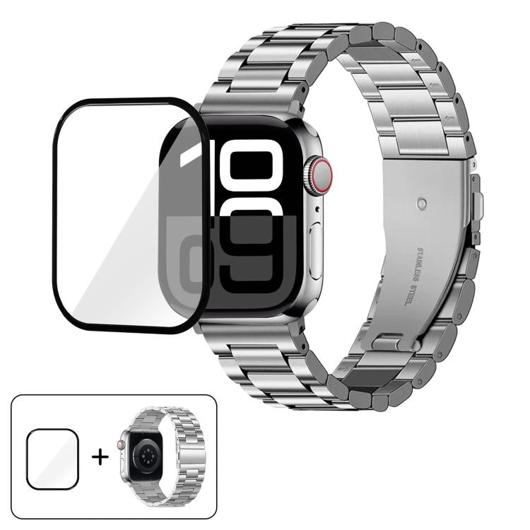 Three Beads Stainless Steel Watch Band with 3D Curved Film, For Apple Watch Series 10 46mm, For Apple Watch Series 10 42mm, For Apple Watch Series 44mm, For Apple Watch Series 40mm