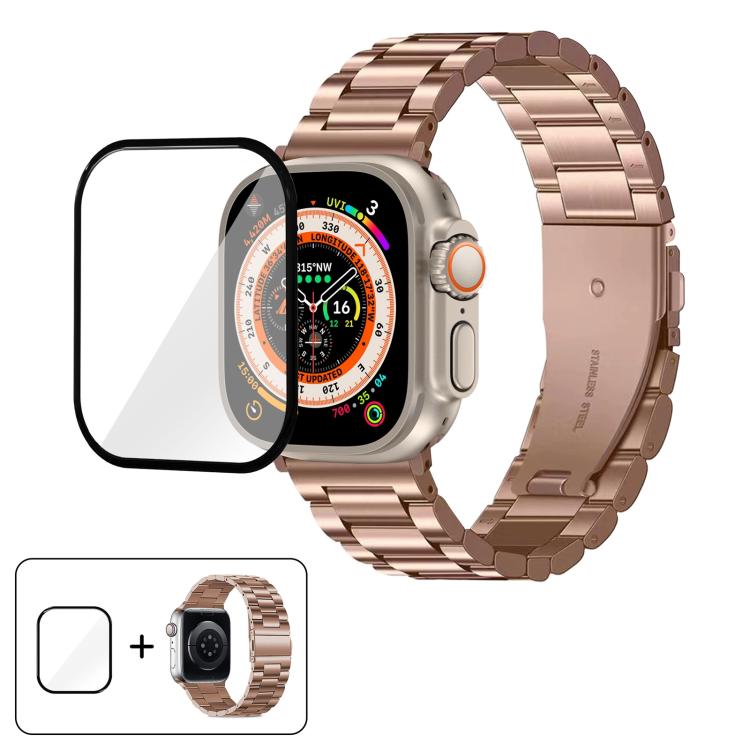 Three Beads Stainless Steel Watch Band with 3D Curved Film, For Apple Watch Ultra 2 / 1 49mm, For Apple Watch Series 45mm, For Apple Watch Series 41mm, For Apple Watch Series 38mm
