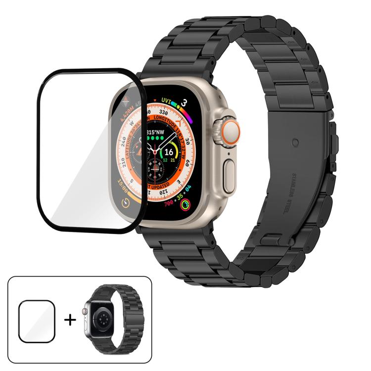 Three Beads Stainless Steel Watch Band with 3D Curved Film, For Apple Watch Ultra 2 / 1 49mm, For Apple Watch Series 45mm, For Apple Watch Series 41mm, For Apple Watch Series 38mm
