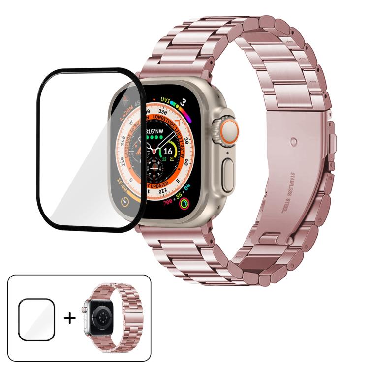 Three Beads Stainless Steel Watch Band with 3D Curved Film, For Apple Watch Ultra 2 / 1 49mm, For Apple Watch Series 45mm, For Apple Watch Series 41mm, For Apple Watch Series 38mm