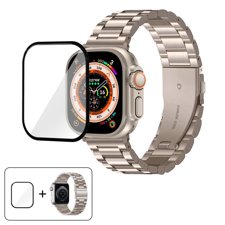 Three Beads Stainless Steel Watch Band with 3D Curved Film, For Apple Watch Ultra 2 / 1 49mm, For Apple Watch Series 45mm, For Apple Watch Series 41mm, For Apple Watch Series 38mm