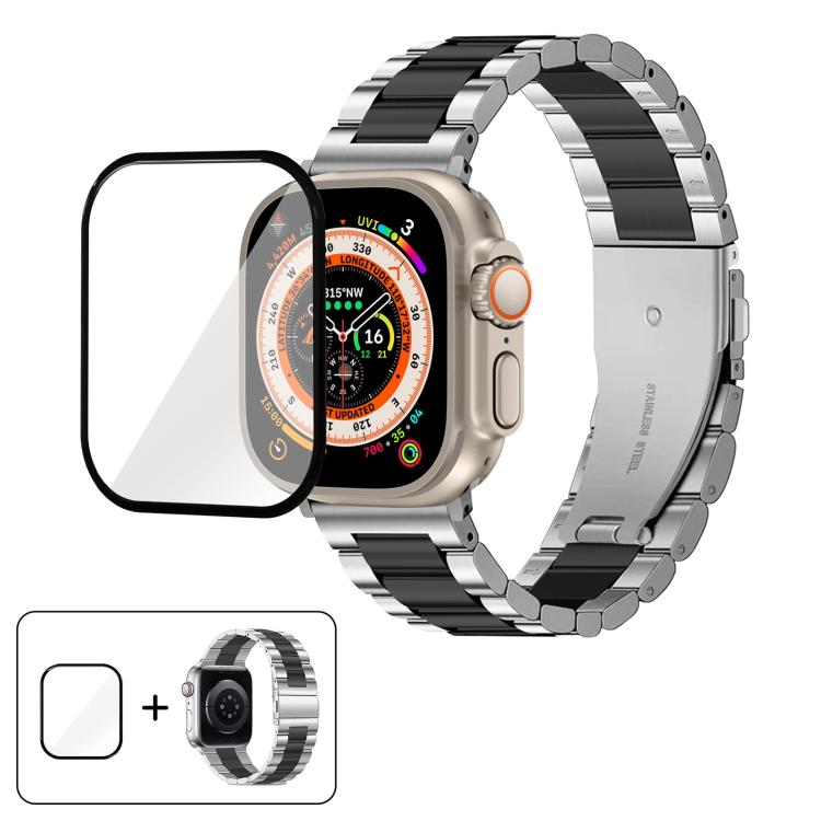 Three Beads Stainless Steel Watch Band with 3D Curved Film, For Apple Watch Ultra 2 / 1 49mm, For Apple Watch Series 45mm, For Apple Watch Series 41mm, For Apple Watch Series 38mm