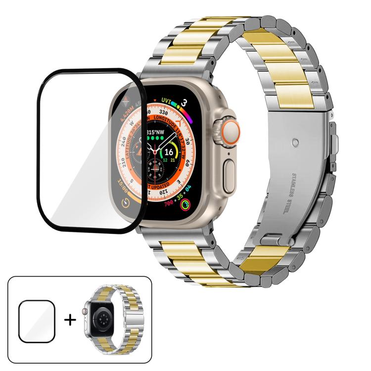Three Beads Stainless Steel Watch Band with 3D Curved Film, For Apple Watch Ultra 2 / 1 49mm, For Apple Watch Series 45mm, For Apple Watch Series 41mm, For Apple Watch Series 38mm