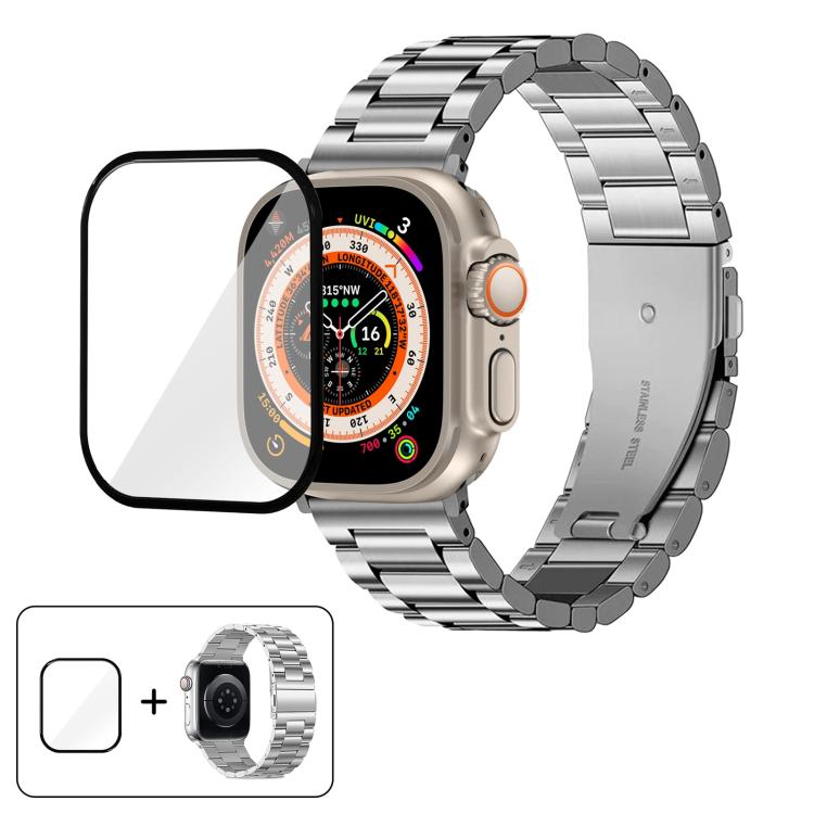 Three Beads Stainless Steel Watch Band with 3D Curved Film, For Apple Watch Ultra 2 / 1 49mm, For Apple Watch Series 45mm, For Apple Watch Series 41mm, For Apple Watch Series 38mm
