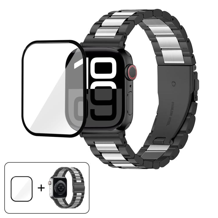 Three Beads Stainless Steel Watch Band with 3D Curved Film, For Apple Watch Ultra 2 / 1 49mm, For Apple Watch Series 45mm, For Apple Watch Series 41mm, For Apple Watch Series 38mm