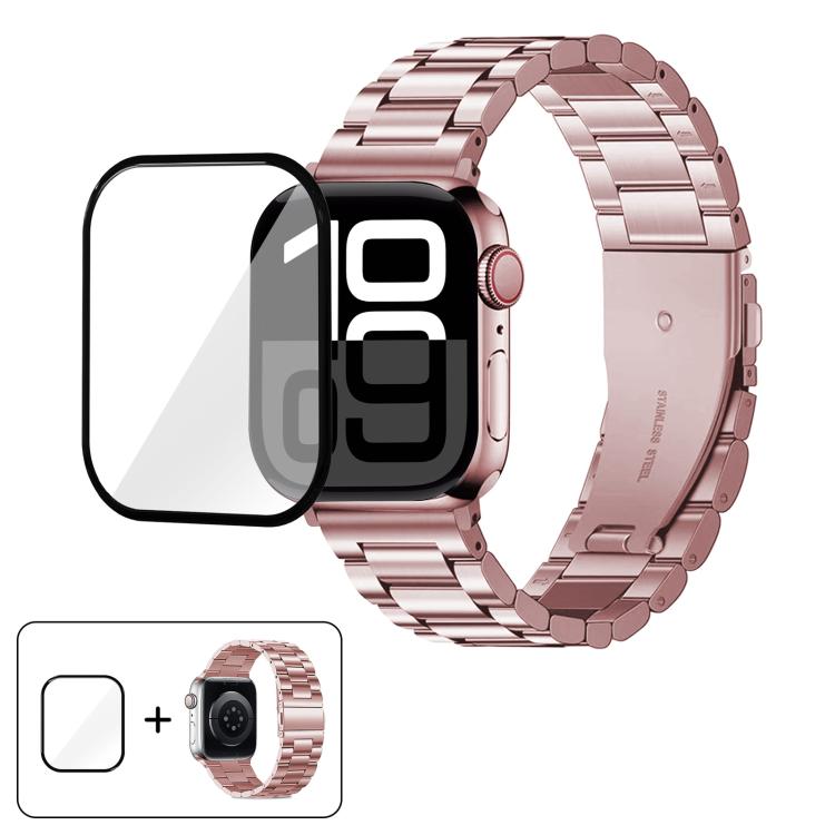 Three Beads Stainless Steel Watch Band with 3D Curved Film, For Apple Watch Ultra 2 / 1 49mm, For Apple Watch Series 45mm, For Apple Watch Series 41mm, For Apple Watch Series 38mm