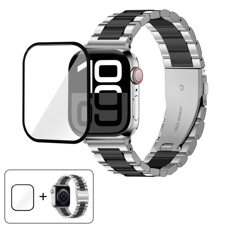 Three Beads Stainless Steel Watch Band with 3D Curved Film, For Apple Watch Ultra 2 / 1 49mm, For Apple Watch Series 45mm, For Apple Watch Series 41mm, For Apple Watch Series 38mm