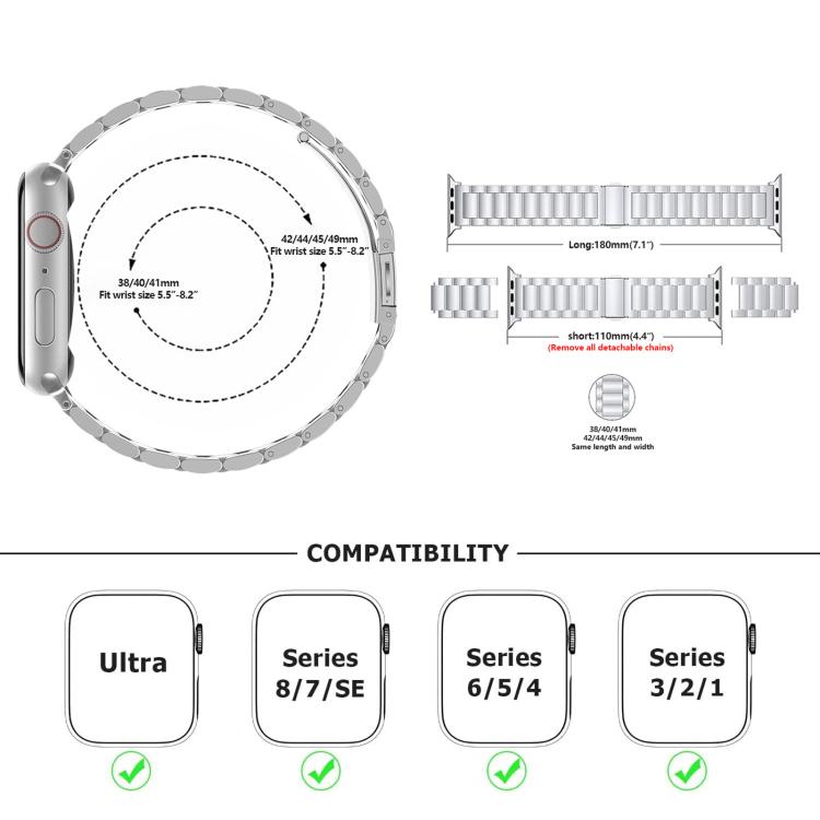 Three Beads Stainless Steel Watch Band with 3D Curved Film, For Apple Watch Ultra 2 / 1 49mm, For Apple Watch Series 45mm, For Apple Watch Series 41mm, For Apple Watch Series 38mm