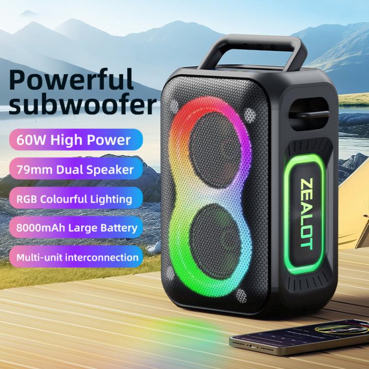 مكبر صوت بلوتوث محمول خارجي RGB ملون ستيريو Zealot PT02 بقوة 60 واط