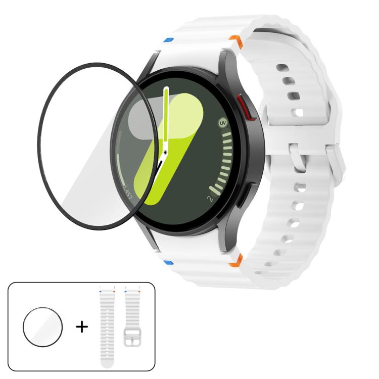 سوار ساعة سيليكون بتطريز متموج مع فيلم منحني ثلاثي الأبعاد، لساعات Samsung Galaxy Watch4 Classic 46mm، Samsung Galaxy Watch4 Classic 42mm، Samsung Galaxy Watch5 Active 40mm، Samsung Galaxy Watch5 Active 44mm