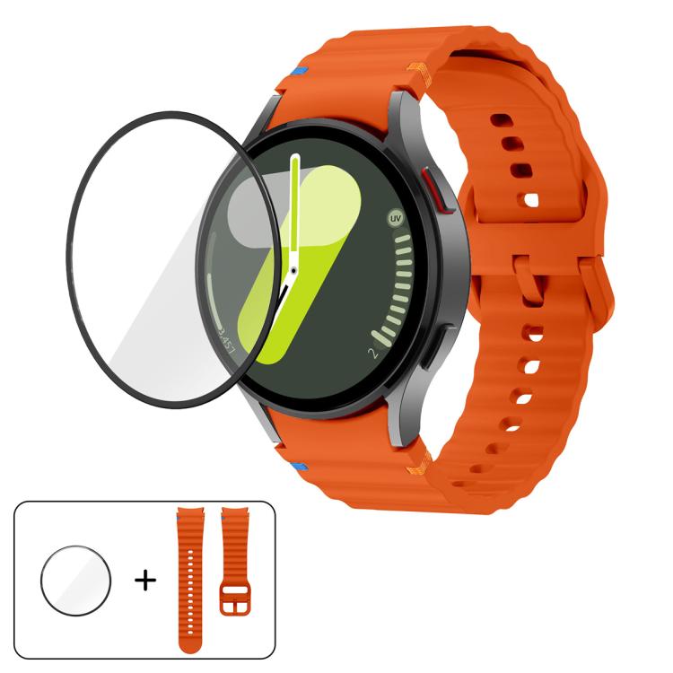 سوار ساعة سيليكون بتطريز متموج مع فيلم منحني ثلاثي الأبعاد، لساعات Samsung Galaxy Watch4 Classic 46mm، Samsung Galaxy Watch4 Classic 42mm، Samsung Galaxy Watch5 Active 40mm، Samsung Galaxy Watch5 Active 44mm