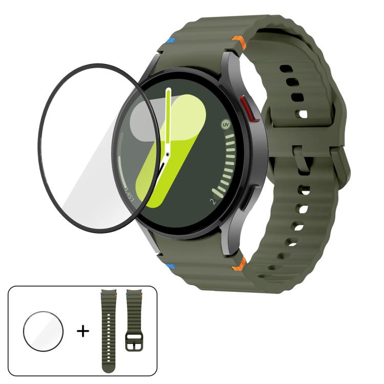 سوار ساعة سيليكون بتطريز متموج مع فيلم منحني ثلاثي الأبعاد، لساعات Samsung Galaxy Watch4 Classic 46mm، Samsung Galaxy Watch4 Classic 42mm، Samsung Galaxy Watch5 Active 40mm، Samsung Galaxy Watch5 Active 44mm