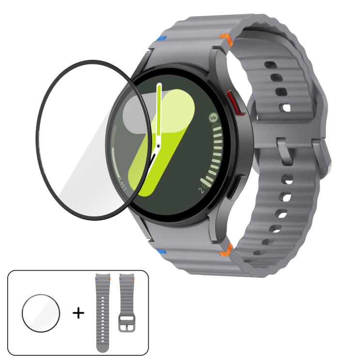 سوار ساعة سيليكون بتطريز متموج مع فيلم منحني ثلاثي الأبعاد، لساعات Samsung Galaxy Watch4 Classic 46mm، Samsung Galaxy Watch4 Classic 42mm، Samsung Galaxy Watch5 Active 40mm، Samsung Galaxy Watch5 Active 44mm