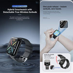 T1 TWS Headphones Smart Watch, 1.8 inch Square Screen, Support Bluetooth Call / Heart Rate