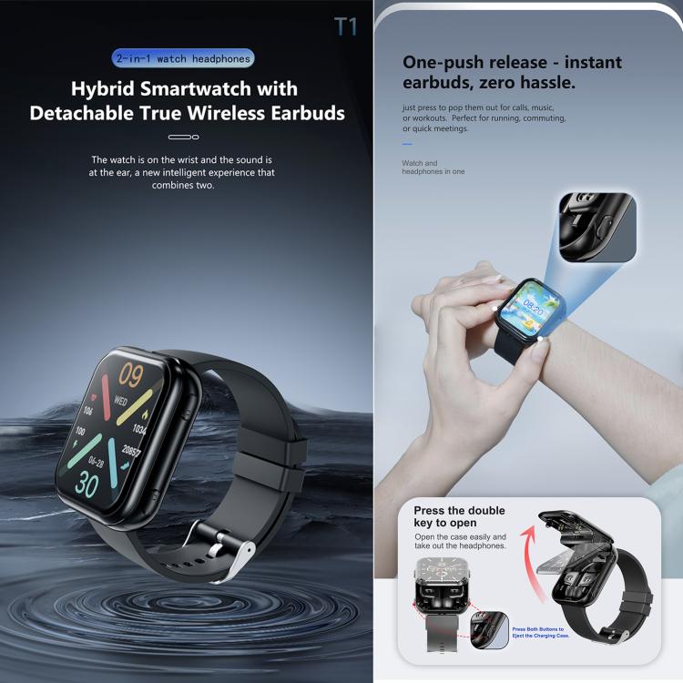 T1 TWS Headphones Smart Watch, 1.8 inch Square Screen, Support Bluetooth Call / Heart Rate