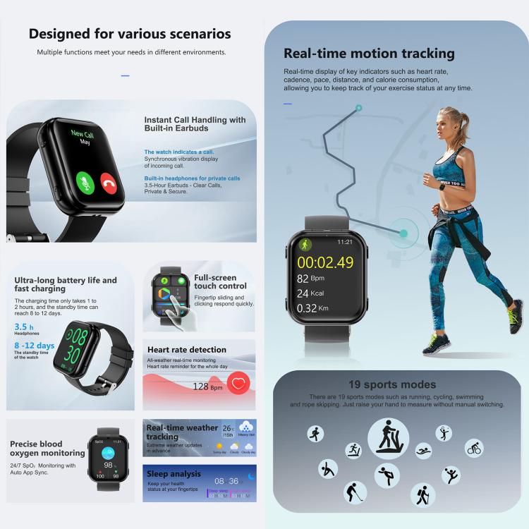 T1 TWS Headphones Smart Watch, 1.8 inch Square Screen, Support Bluetooth Call / Heart Rate