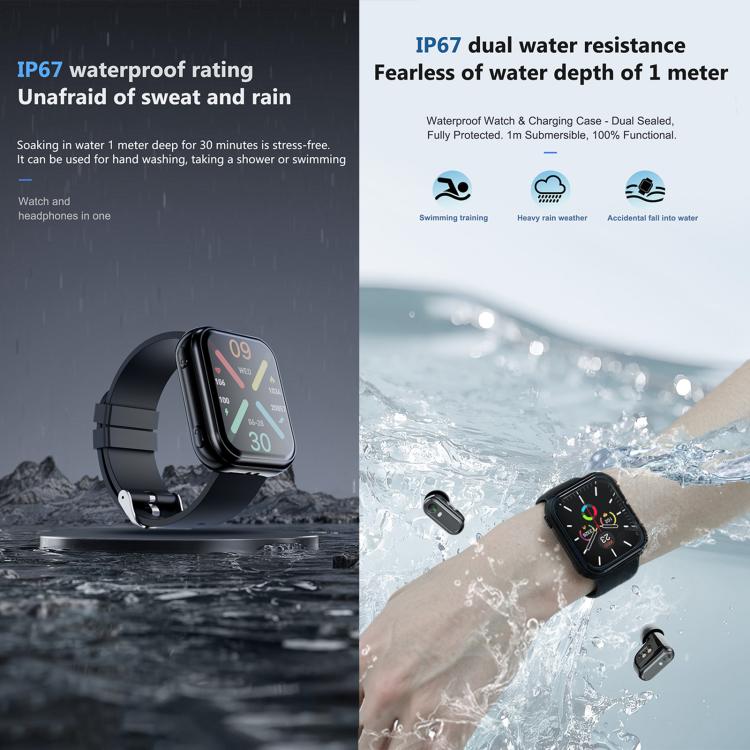 T1 TWS Headphones Smart Watch, 1.8 inch Square Screen, Support Bluetooth Call / Heart Rate