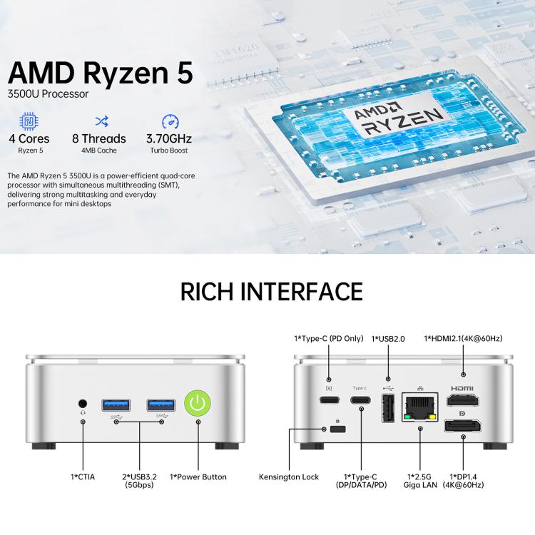 GMKtec NucBox G10 Mini PC, AMD Ryzen 5 3500U, Windows 11 Pro, WiFi, BT, HDTV, DisplayPort, 16GB RAM + 512GB SSD, 16GB RAM + 1TB SSD