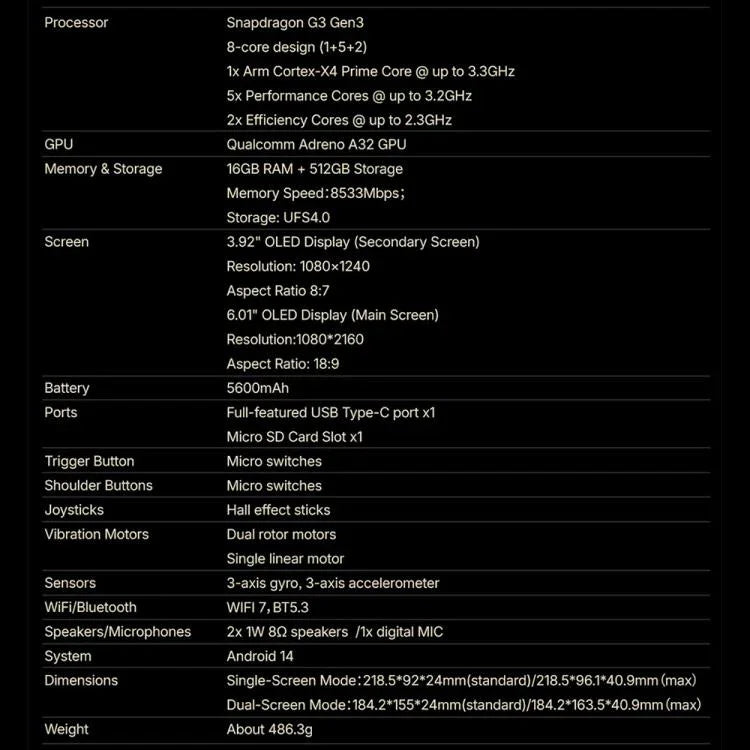 ONE-NETBOOK Sugar 1 Dual Screen Handheld Game Console, Android 14 Snapdragon G3 Gen3, 16GB+512GB