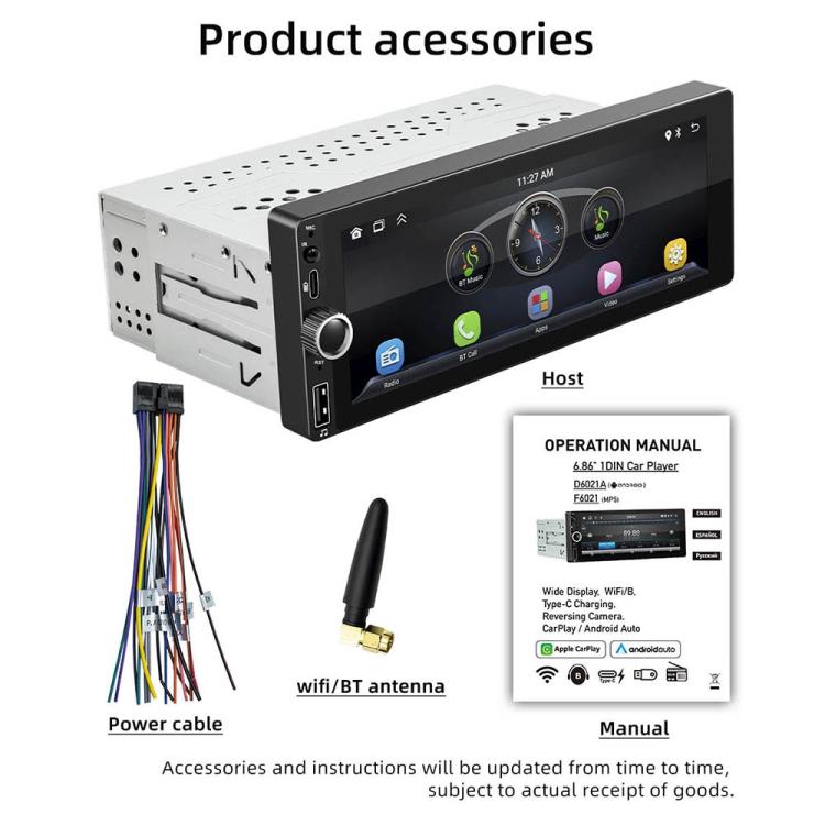 F6021 6.86 inch IPS Screen Car 1Din MP5 Player Support CarPlay & Android Auto, F6021