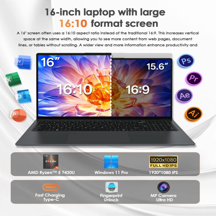 GXMO T160 16 inch Windows 11 Laptop, 16GB+512GB, AMD Ryzen 5 7430U Hexa Core Processor, EU Plug, US Plug, UK Plug, AU Plug