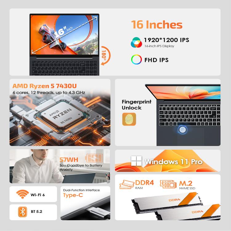 GXMO T160 16 inch Windows 11 Laptop, 16GB+512GB, AMD Ryzen 5 7430U Hexa Core Processor, EU Plug, US Plug, UK Plug, AU Plug