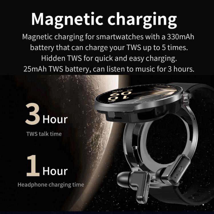 T100 1.85 inch Round Screen 2 in 1 Bluetooth Earphone IP67 Waterproof Smart Watch, Supports Blood Oxygen Monitoring