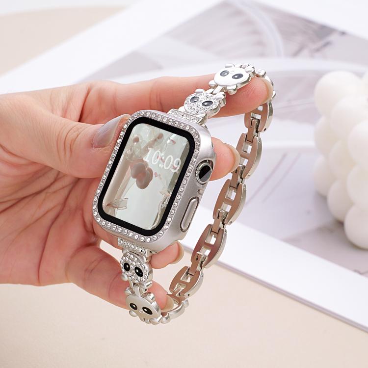 Bracelet de montre xDfind en métal à motif diamant en forme de panda roux, compatible avec Apple Watch 42/44/45/46/49 mm et Apple Watch 38/40/41/S11 42 mm.