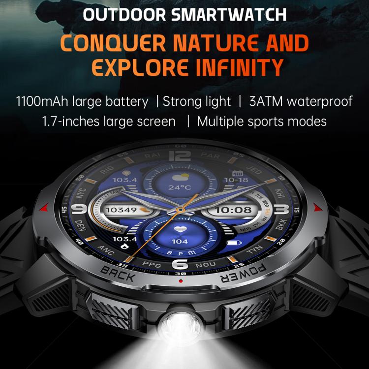 KT88 1.7 inch TFT Screen Outdoor Sports Smart Watch 3ATM Waterproof with Flashlight