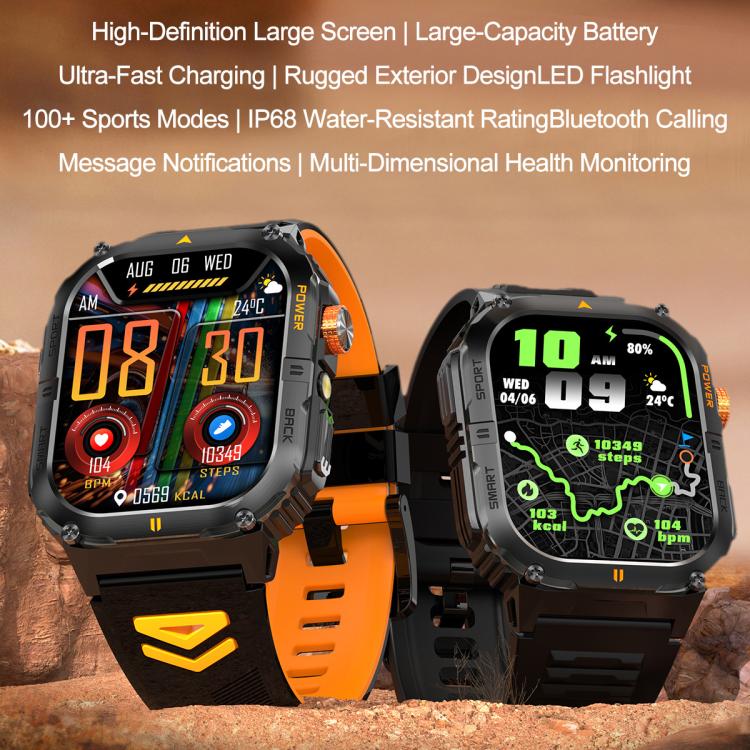 YK12 2.0 inch Screen Outdoor Sports Smart Watch IP68 Waterproof Built-in Flashlight