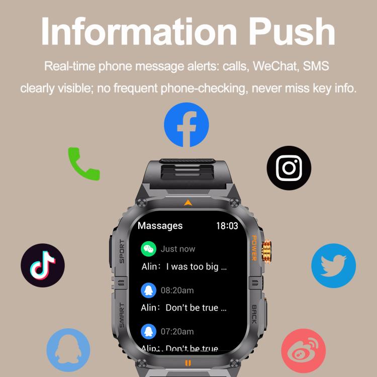 YK12 2.0 inch Screen Outdoor Sports Smart Watch IP68 Waterproof Built-in Flashlight