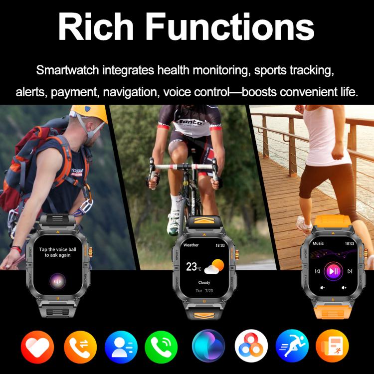 YK12 2.0 inch Screen Outdoor Sports Smart Watch IP68 Waterproof Built-in Flashlight