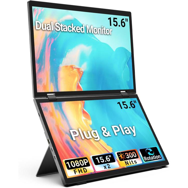S156P31D 15.6 inch 1080P Dual Screen Foldable Portable Monitor with Holder, 15.6 inch 1080P