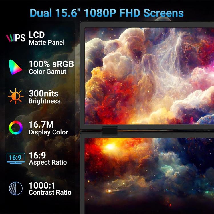 S156P31D 15.6 inch 1080P Dual Screen Foldable Portable Monitor with Holder, 15.6 inch 1080P