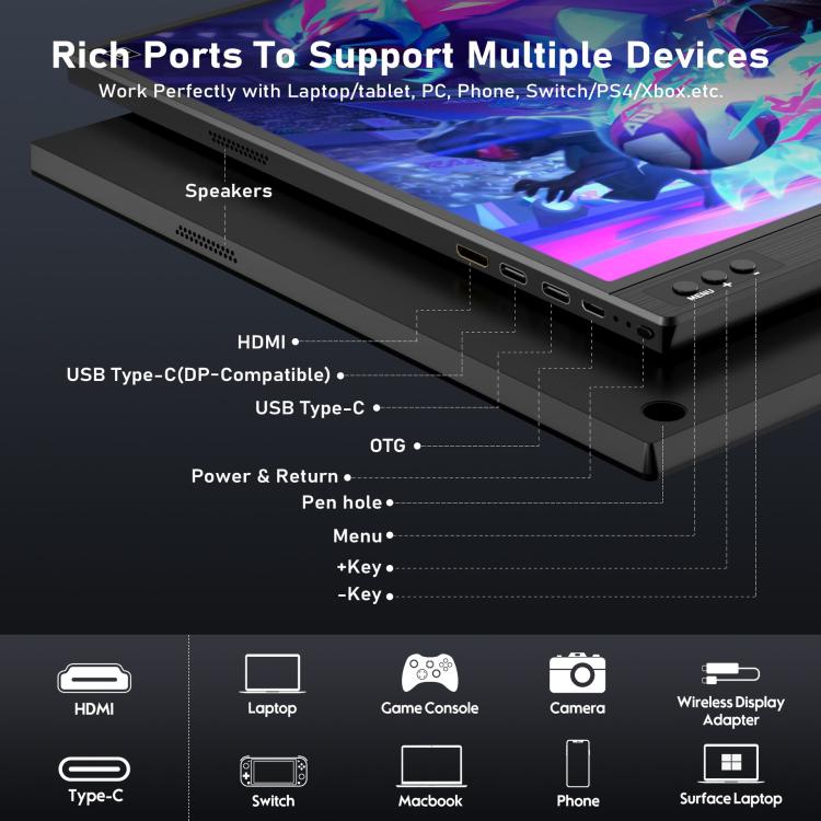 P161A11D 16.1 inch 1080P Portable Monitor Gaming Extended Screen, 16.1 inch 1080P